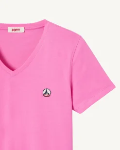 T-Shirt Uni Col V Femme En Coton Biologique Rose Intense Cancun*JOTT Best Sale