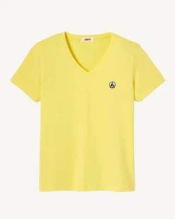 T-Shirt Uni Col V Femme En Coton Biologique Jaune Clair Cancun*JOTT Best Sale